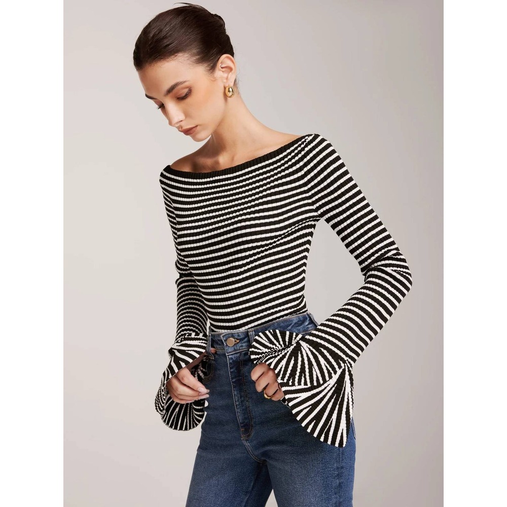 COMMENSE Black White Striped Ruffle Sleeve Knit Top XL US 12